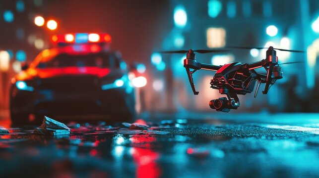 Police car and drone tracking thieve in mask with money and crime scene. Law enforcement drones, police drone use, smart city IoT tools concept. Header or footer banner template with copy space.