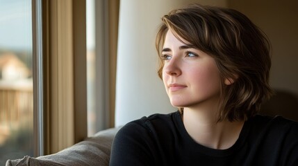 Pensive young woman looking out window, sunlight.