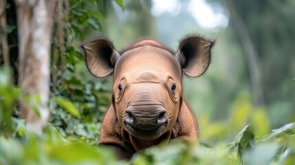Fototapeta premium Adorable Sumatran rhino calf peering from lush greenery.