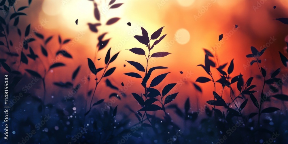 Poster silhouetted leaves in front of a colorful sunset with bokeh lights, creating an abstract and serene 