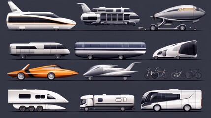 Transportation vehicles set. Different transport collection. Isolated motor automobile, yacht, train, drone, truck, bicycle, spaceship, caravan, sport car, SUV vehicle icons. Air, road transportation