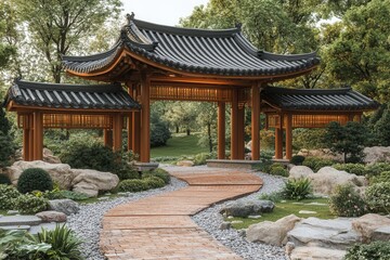 Obraz premium A serene garden pathway leads through traditional architecture and lush greenery.