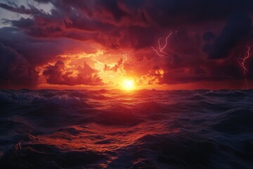 Obraz premium Amazing sunset over the stormy sea thunder and lightning in the background