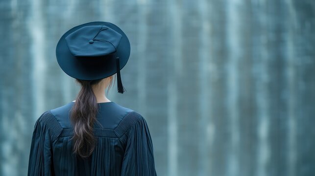 Graduates wear a black dress, black hat at the university level. with copy space on the right side