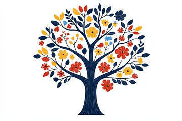 Fototapeta premium A vibrant, decorative tree illustration with colorful flowers and leaves in shades of blue, yellow, red, and orange, set against a white background.