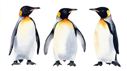 Fototapeta premium Celebrating World penguin day with illustrated emperor penguins. Horizontal banner. Copy space. Family of penguins on a white background. World Wildlife Day. Watercolor illustration