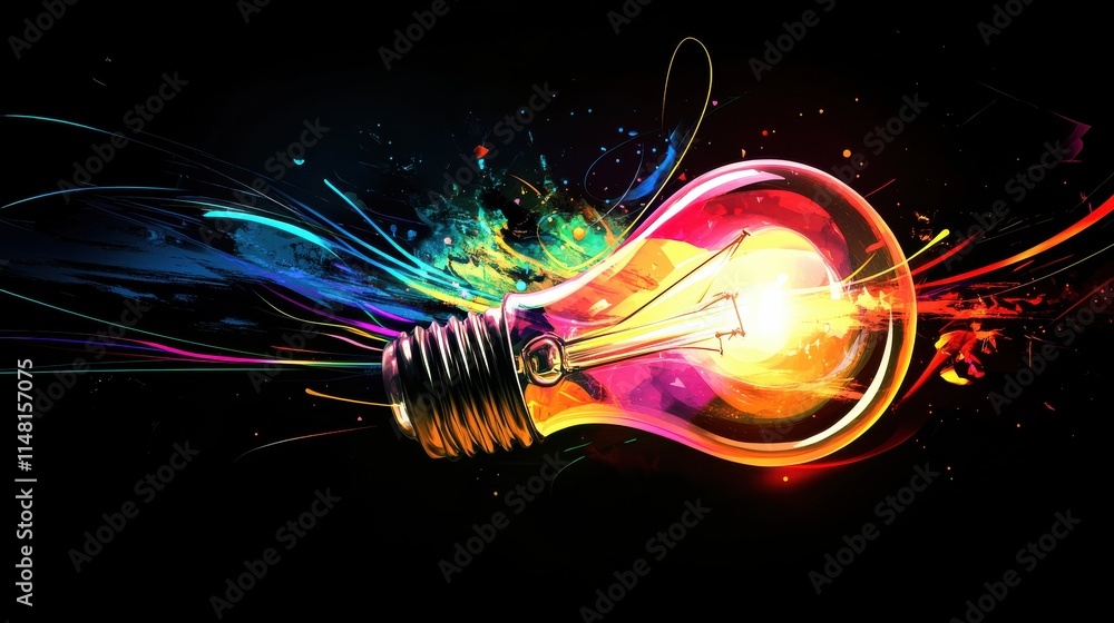 Poster a glowing lightbulb with colorful abstract shapes and lines emanating from it on a dark background.