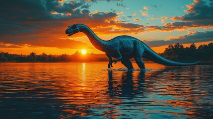 Majestic dinosaur wading through tranquil lake water at sunset, vibrant colors, dramatic sky.