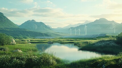 Obraz premium A serene landscape showcasing solar panels and wind turbines, symbolizing sustainable energy solutions and environmental conservation. Ideal for promoting renewable energy initiatives.