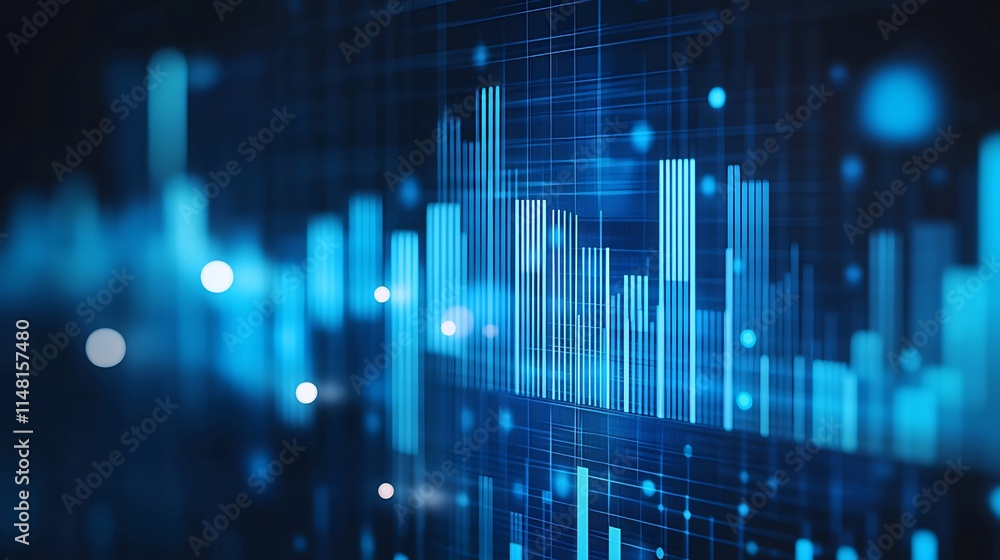 Poster abstract blue digital data visualization with bar graphs, lines, and dots on dark background.