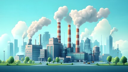 Fototapeta premium 3D cartoon industrial factory, cute chibi style. Smoking chimneys, buildings, trees, skyline in light blue palette. Minimalist vector art, environmental theme in isometric perspective.
