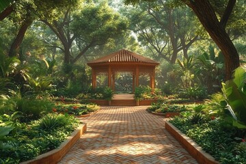 Naklejka premium A serene garden with a gazebo surrounded by lush greenery and a paved pathway.