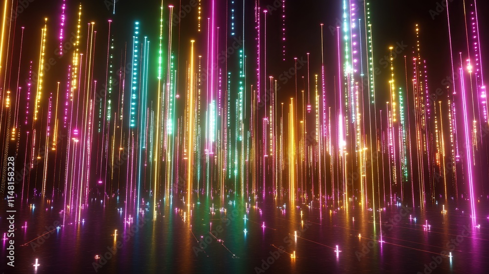 Poster vibrant light beams in dark space creating colorful visual display