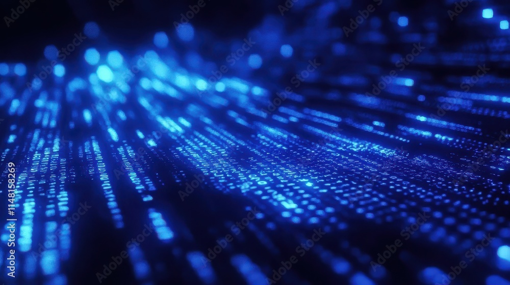 Poster blue digital binary data on computer screen background