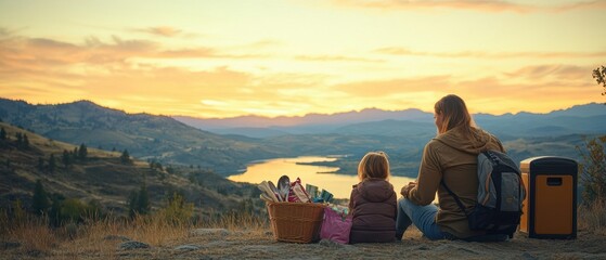 A parent and child enjoy a scenic sunset view by a lake, surrounded by nature.