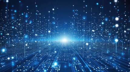 Futuristic Digital Landscape with Bright Particles and Data Lines