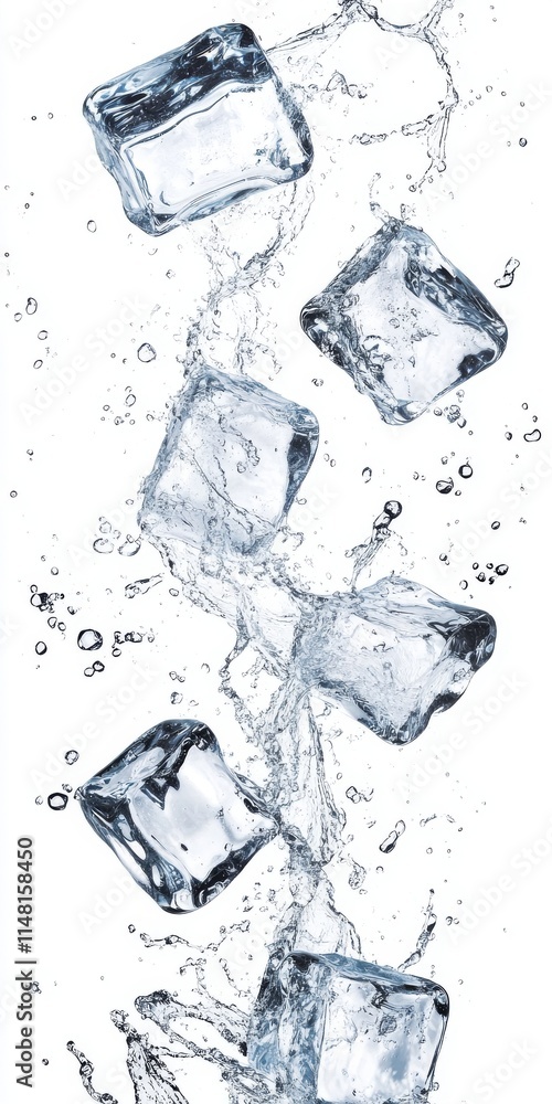 Poster a stream of water is flowing with ice cubes falling out of it. the ice cubes are arranged in a line