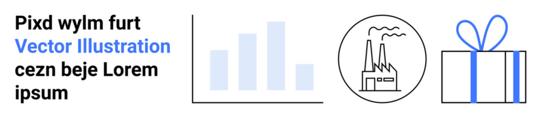 Bar graph with four bars, factory with chimneys and smoke, and gift box with blue ribbon. Ideal for business reporting, economic analysis, industrial manufacturing, environmental impact, gift giving