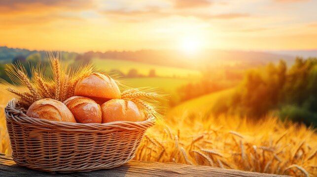 Golden sunset over wheat field with basket of fresh bread rolls.