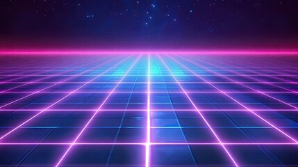 Futuristic Neon Grid with Colorful Lights and Starry Background