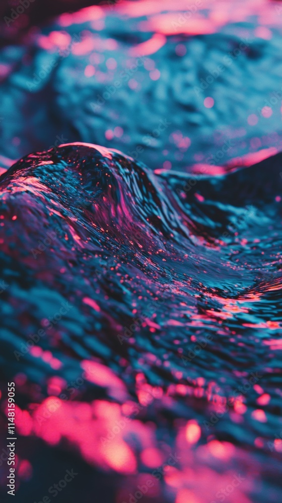 Poster close-up of a wave with neon pink and blue lighting, showcasing dynamic movement and texture in an a