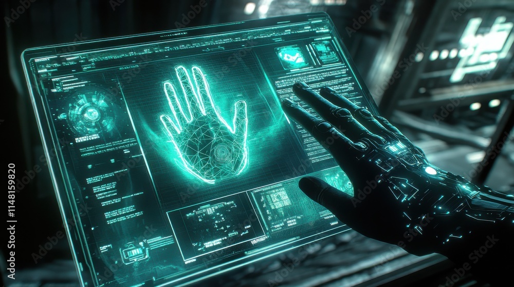 Poster hand touch digital hud interface futuristic technology background of virtual computer screen display