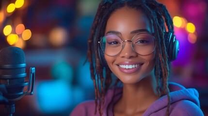 Fototapeta premium Young African American Woman Smiling While Recording an Online Workshop in a Cozy, Modern Studio with Warm Lights