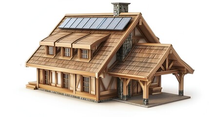 A contemporary wooden home with expansive windows made of glass, set against a white backdrop