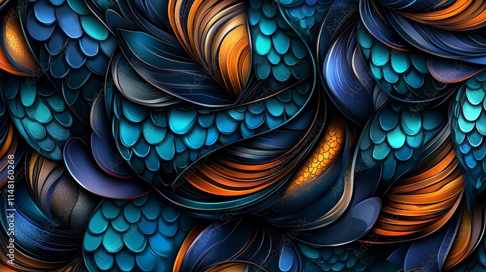 Poster vibrant abstract swirl pattern with deep blues, oranges, and teals in a dynamic fluid design