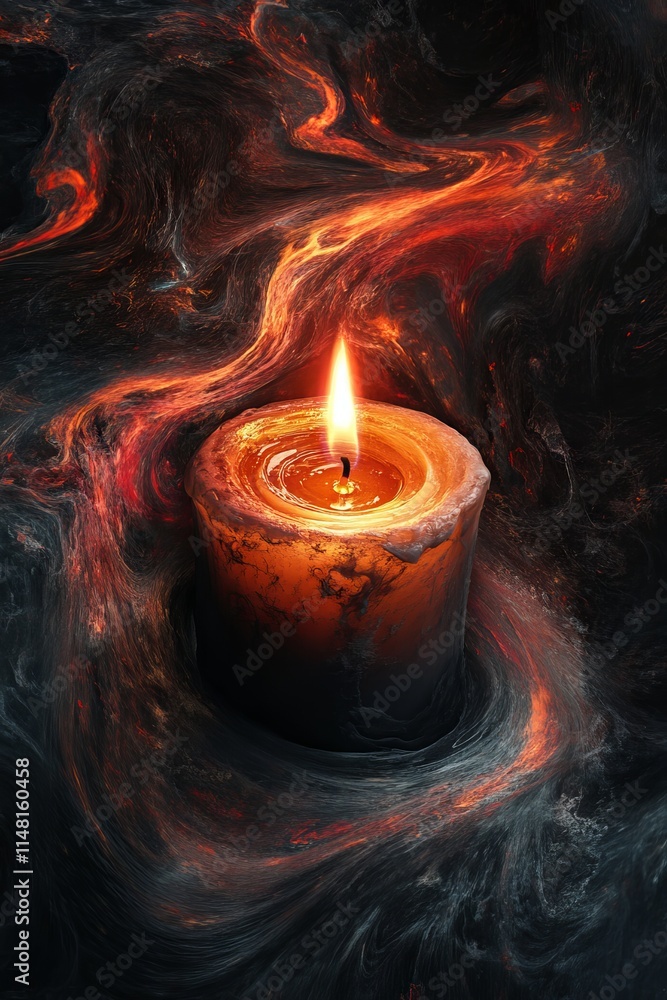 Poster a captivating image of a glowing candle surrounded by swirling patterns of light and shadow, creatin