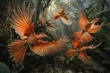 Majestic orange birds in flight through a lush, sun-dappled rainforest.  A breathtaking display of vibrant color and natural beauty.