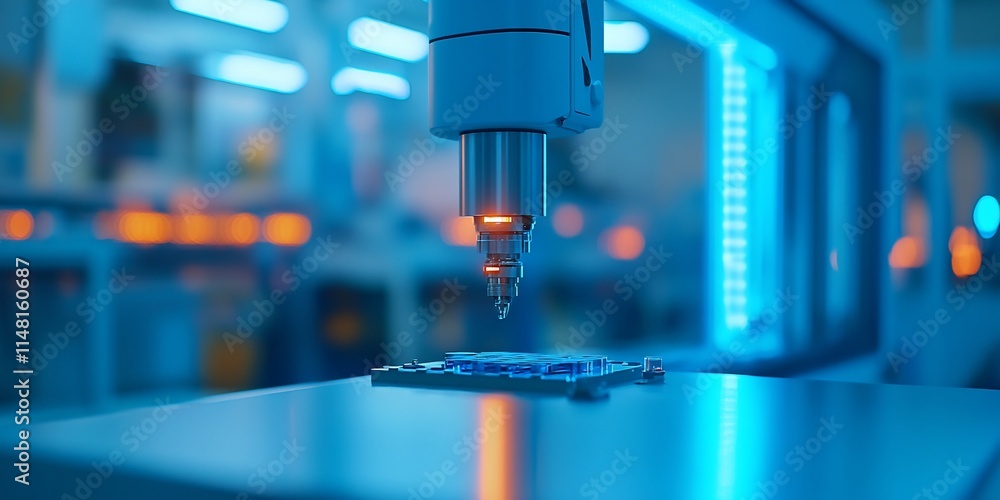 Aufkleber robotic arm assembling circuit board in a factory.