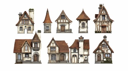 Collection of Charming Rustic Houses with Unique Architectural Styles and Detailed Textures Ideal for Fantasy Illustrations or Design Projects
