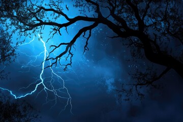 Lightning  Lightning strike on a dark blue sky over the tree branch silhouette