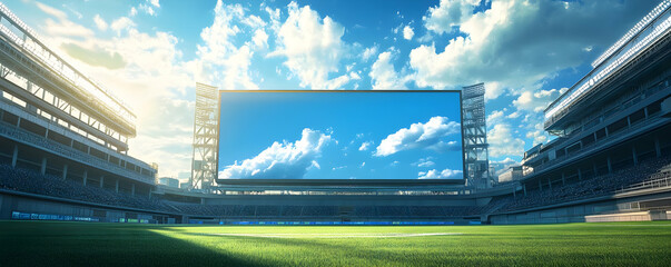 A stadium with a large screen displaying a blue sky and clouds, surrounded by empty seats.