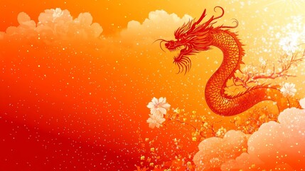 Obraz premium Majestic Red Dragon Surrounded by Blossoming Flowers and Golden Clouds in a Vibrant Orange Sky