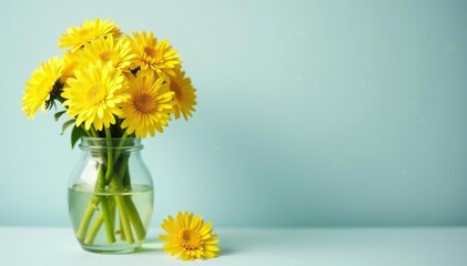 Dandelions in a vase with fresh cut stems and bright yellow blooms, arrangement, nature