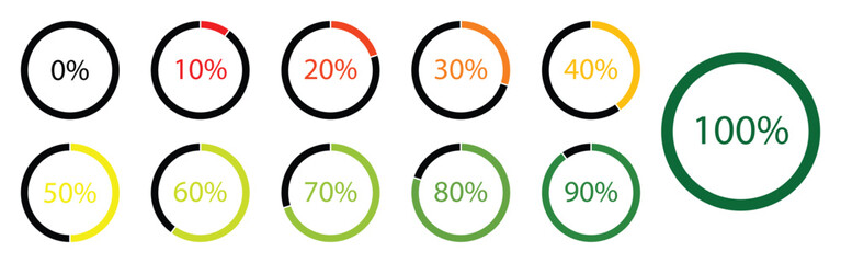 Circle percentage diagrams set. Loading indicator. Download process. Percentage pie chart for infographics, ui, web design and business presentation. pie chart vector illustration set