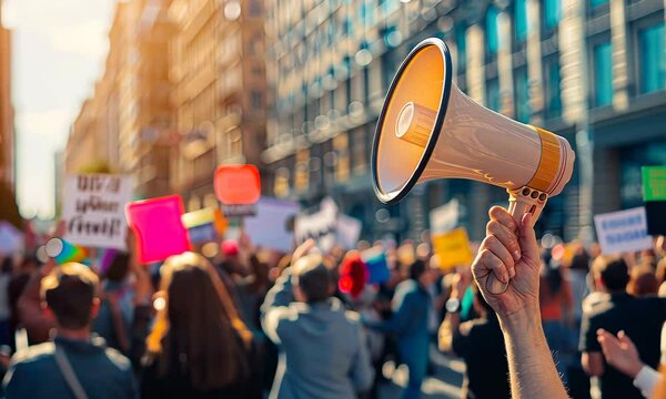 Person holding megaphone at protest with signs and crowd in background