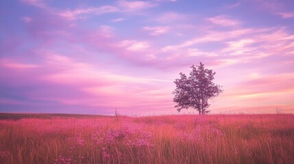 Fototapeta premium A lone tree stands in a meadow under a stunning pink and purple sunset sky, creating a tranquil and picturesque scene.