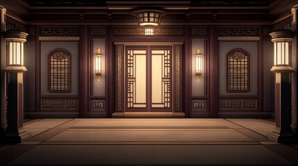 Fototapeta premium Elegant interior of traditional Asian architecture with wooden accents and soft lighting creating a serene atmosphere