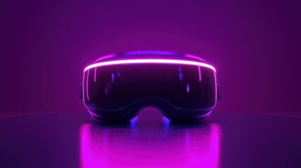 3d 360 vr headset glasses goggles lenses in futuristic purple neon light on table, virtual augmented ar reality innovative party experience digital mobile technology background concept, close up view