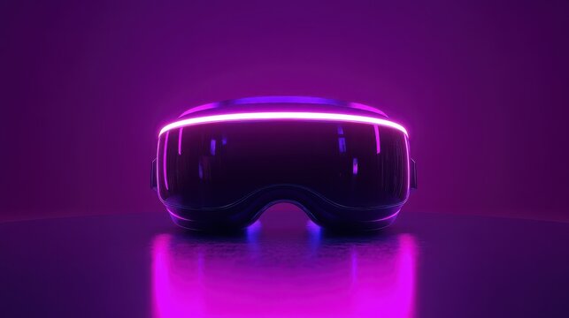 3d 360 vr headset glasses goggles lenses in futuristic purple neon light on table, virtual augmented ar reality innovative party experience digital mobile technology background concept, close up view