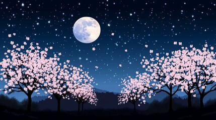 Serene Nighttime Landscape with Cherry Blossom Trees Under a Full Moon and Starry Sky