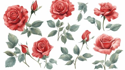 Beautiful Collection of Hand-Drawn Red Roses with Delicate Leaves and Buds on a White Background for Floral Designs and Graphics