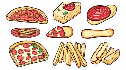 Colorful Illustrations of Various Delicious Food Items Including Pizza, Sauces, French Fries, and More for Culinary or Restaurant Designs