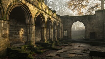 Fototapeta premium Ancient stone cloisters, archways, and ruins in a misty autumn forest.