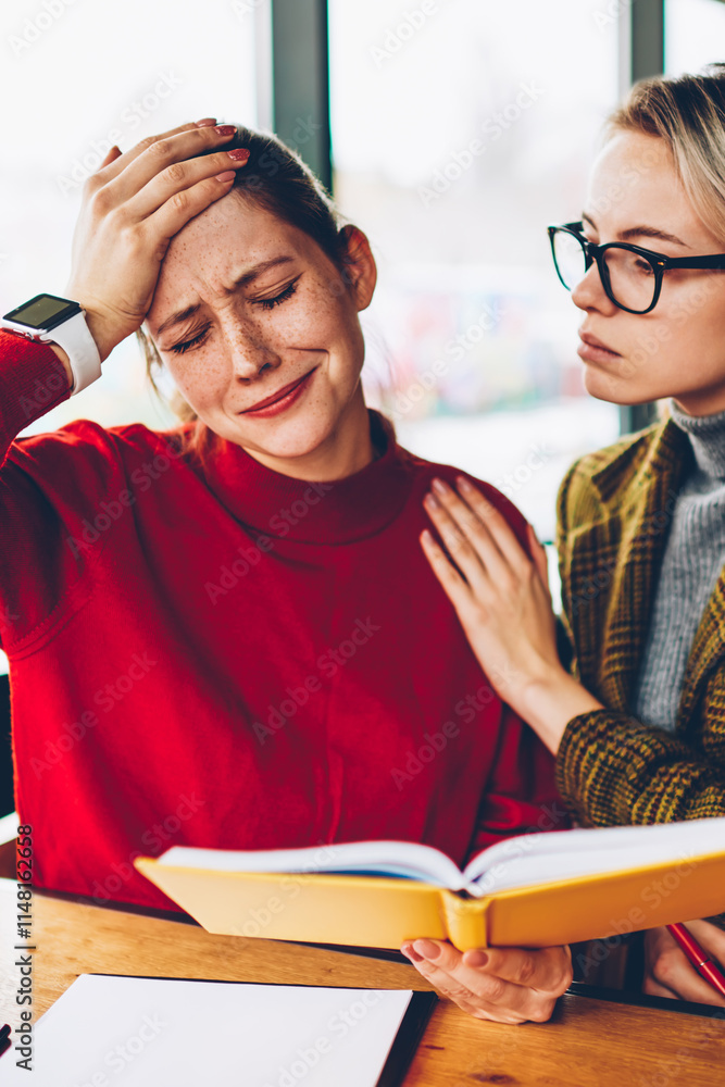 Poster depressed student crying because of difficulties in learning of studying material from textbook duri