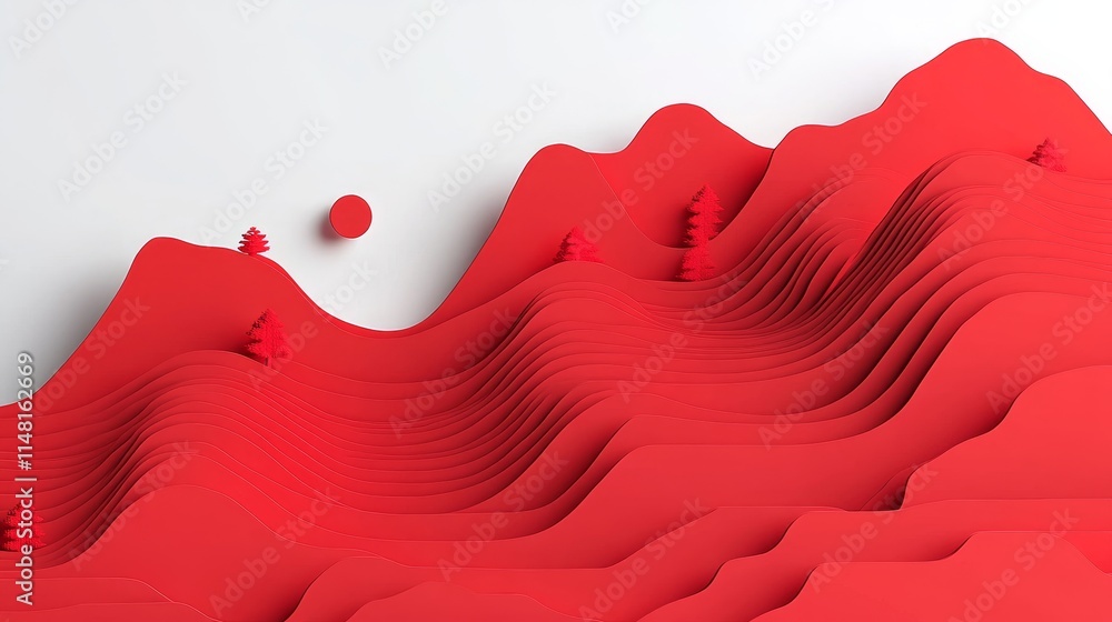 Poster abstract minimalist landscape with red waves, trees, and a floating sphere in a modern digital art s