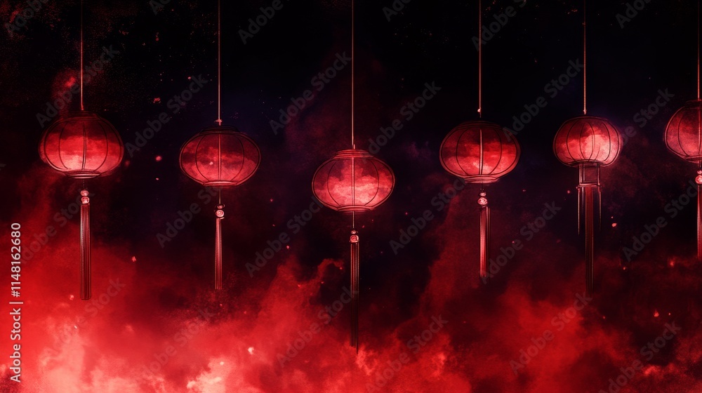 Poster ethereal red lanterns hanging against dark nebula background with cosmic elements and soft glow
